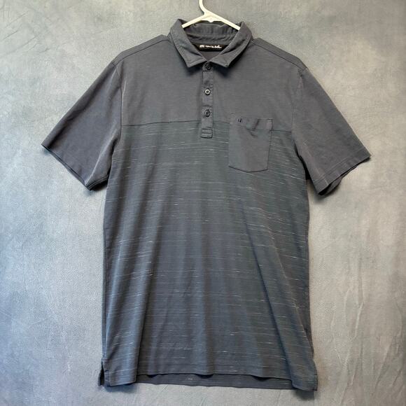 TravisMathew Polo Shirt LG Gray Textured Striped Pocket Golf Casual Performance - Picture 1 of 10